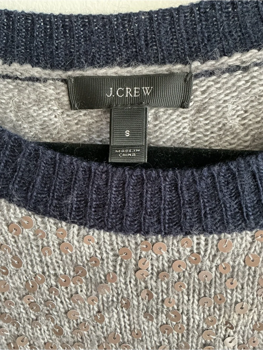 J. Crew Gray Sequin Crewneck Sweater with Navy Trim